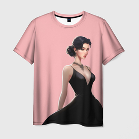 Мужская футболка 3D с принтом Girl in black dress   pink в Тюмени, 100% полиэфир | прямой крой, круглый вырез горловины, длина до линии бедер | 