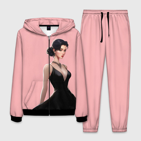 Мужской костюм 3D с принтом Girl in black dress   pink в Курске, 100% полиэстер | Манжеты и пояс оформлены тканевой резинкой, двухслойный капюшон со шнурком для регулировки, карманы спереди | 