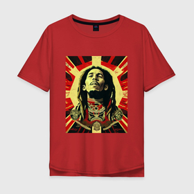 Мужская футболка хлопок Oversize с принтом Красно черный Арт Боб Марли в Петрозаводске, 100% хлопок | свободный крой, круглый ворот, “спинка” длиннее передней части | 