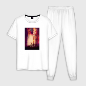 Мужская пижама хлопок с принтом Танк в пламени на поле боя в Санкт-Петербурге, 100% хлопок | брюки и футболка прямого кроя, без карманов, на брюках мягкая резинка на поясе и по низу штанин
 | Тематика изображения на принте: 