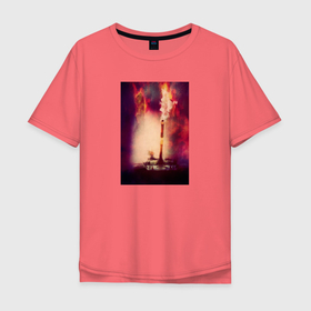 Мужская футболка хлопок Oversize с принтом Танк в пламени на поле боя в Курске, 100% хлопок | свободный крой, круглый ворот, “спинка” длиннее передней части | 