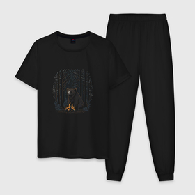 Мужская пижама хлопок с принтом Медведь у костра в Белгороде, 100% хлопок | брюки и футболка прямого кроя, без карманов, на брюках мягкая резинка на поясе и по низу штанин
 | 