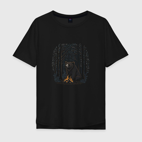 Мужская футболка хлопок Oversize с принтом Медведь у костра в Тюмени, 100% хлопок | свободный крой, круглый ворот, “спинка” длиннее передней части | 