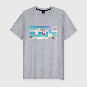 Мужская футболка хлопок Slim с принтом Цветные коктейли на пляже , 92% хлопок, 8% лайкра | приталенный силуэт, круглый вырез ворота, длина до линии бедра, короткий рукав | Тематика изображения на принте: 