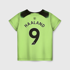 Детская футболка 3D с принтом Эрлинг Холанд Манчестер Сити форма 22 23 третья в Кировске, 100% гипоаллергенный полиэфир | прямой крой, круглый вырез горловины, длина до линии бедер, чуть спущенное плечо, ткань немного тянется | 