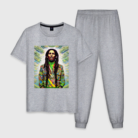 Мужская пижама хлопок с принтом Боб Марли в путешествии в Тюмени, 100% хлопок | брюки и футболка прямого кроя, без карманов, на брюках мягкая резинка на поясе и по низу штанин
 | 