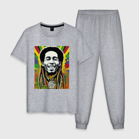 Мужская пижама хлопок с принтом Разноцветный портрет Боба Марли в Тюмени, 100% хлопок | брюки и футболка прямого кроя, без карманов, на брюках мягкая резинка на поясе и по низу штанин
 | 