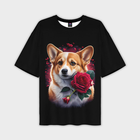 Мужская футболка oversize 3D с принтом Корги и розы в Курске,  |  | 