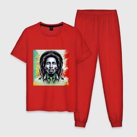 Мужская пижама хлопок с принтом Боб Марли граффити триколор в Тюмени, 100% хлопок | брюки и футболка прямого кроя, без карманов, на брюках мягкая резинка на поясе и по низу штанин
 | 