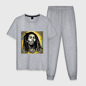 Мужская пижама хлопок с принтом Прекрасный Граффити Портрет Боб Марли в Тюмени, 100% хлопок | брюки и футболка прямого кроя, без карманов, на брюках мягкая резинка на поясе и по низу штанин
 | 
