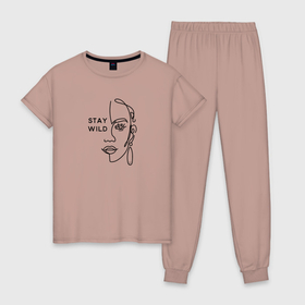 Женская пижама хлопок с принтом Stay wild в Тюмени, 100% хлопок | брюки и футболка прямого кроя, без карманов, на брюках мягкая резинка на поясе и по низу штанин | Тематика изображения на принте: 