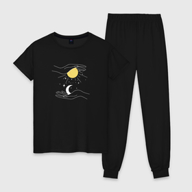 Женская пижама хлопок с принтом Солнце и луна в руках в Петрозаводске, 100% хлопок | брюки и футболка прямого кроя, без карманов, на брюках мягкая резинка на поясе и по низу штанин | 