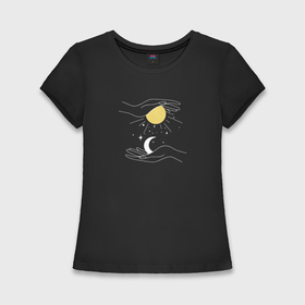 Женская футболка хлопок Slim с принтом Солнце и луна в руках в Кировске,  |  | Тематика изображения на принте: 