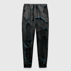 Мужские брюки 3D с принтом Плиты с синей неоновой подсветкой в Белгороде, 100% полиэстер | манжеты по низу, эластичный пояс регулируется шнурком, по бокам два кармана без застежек, внутренняя часть кармана из мелкой сетки | 