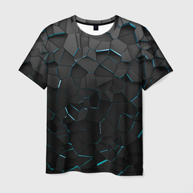 Мужская футболка 3D с принтом Плиты с синей неоновой подсветкой , 100% полиэфир | прямой крой, круглый вырез горловины, длина до линии бедер | 