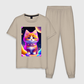 Мужская пижама хлопок с принтом Космический котик , 100% хлопок | брюки и футболка прямого кроя, без карманов, на брюках мягкая резинка на поясе и по низу штанин
 | Тематика изображения на принте: 