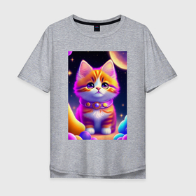 Мужская футболка хлопок Oversize с принтом Космический котик , 100% хлопок | свободный крой, круглый ворот, “спинка” длиннее передней части | Тематика изображения на принте: 