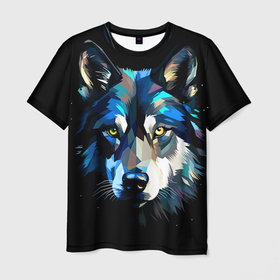 Мужская футболка 3D с принтом Геометрический волк в лунном свете в Курске, 100% полиэфир | прямой крой, круглый вырез горловины, длина до линии бедер | 