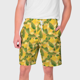 Мужские шорты 3D с принтом Летний паттерн с ананасами ,  полиэстер 100% | прямой крой, два кармана без застежек по бокам. Мягкая трикотажная резинка на поясе, внутри которой широкие завязки. Длина чуть выше колен | 