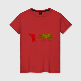 Женская футболка хлопок с принтом Красная Шапочка и волк в Курске, 100% хлопок | прямой крой, круглый вырез горловины, длина до линии бедер, слегка спущенное плечо | 
