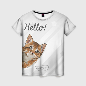 Женская футболка 3D с принтом Приветствие от котёнка , 100% полиэфир ( синтетическое хлопкоподобное полотно) | прямой крой, круглый вырез горловины, длина до линии бедер | 