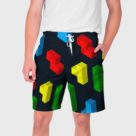 Мужские шорты 3D с принтом Крупные фигуры из игры Тетрис в Тюмени,  полиэстер 100% | прямой крой, два кармана без застежек по бокам. Мягкая трикотажная резинка на поясе, внутри которой широкие завязки. Длина чуть выше колен | 