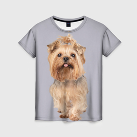 Женская футболка 3D с принтом Йоркширский терьер собака в Белгороде, 100% полиэфир ( синтетическое хлопкоподобное полотно) | прямой крой, круглый вырез горловины, длина до линии бедер | 