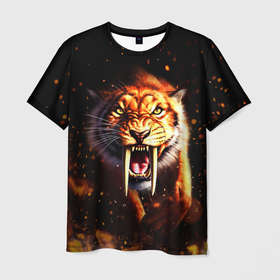 Мужская футболка 3D с принтом Саблезубый тигр в Курске, 100% полиэфир | прямой крой, круглый вырез горловины, длина до линии бедер | 