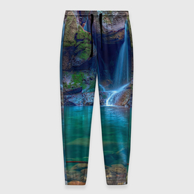 Мужские брюки 3D с принтом Природный водопад , 100% полиэстер | манжеты по низу, эластичный пояс регулируется шнурком, по бокам два кармана без застежек, внутренняя часть кармана из мелкой сетки | 