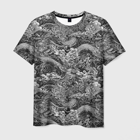 Мужская футболка 3D с принтом черно белый фон с элементами японской татуировки в Кировске, 100% полиэфир | прямой крой, круглый вырез горловины, длина до линии бедер | 