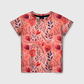 Детская футболка 3D с принтом Фантастические цветы и листья на красном фоне в Санкт-Петербурге, 100% гипоаллергенный полиэфир | прямой крой, круглый вырез горловины, длина до линии бедер, чуть спущенное плечо, ткань немного тянется | 