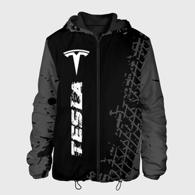 Мужская куртка 3D с принтом Tesla speed на темном фоне со следами шин: по вертикали в Петрозаводске, ткань верха — 100% полиэстер, подклад — флис | прямой крой, подол и капюшон оформлены резинкой с фиксаторами, два кармана без застежек по бокам, один большой потайной карман на груди. Карман на груди застегивается на липучку | 