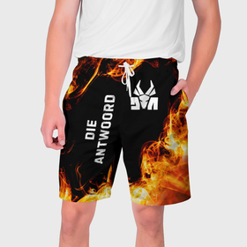 Мужские шорты 3D с принтом Die Antwoord и пылающий огонь ,  полиэстер 100% | прямой крой, два кармана без застежек по бокам. Мягкая трикотажная резинка на поясе, внутри которой широкие завязки. Длина чуть выше колен | 