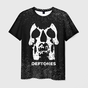 Мужская футболка 3D с принтом Deftones с потертостями на темном фоне в Санкт-Петербурге, 100% полиэфир | прямой крой, круглый вырез горловины, длина до линии бедер | 