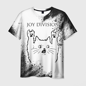 Мужская футболка 3D с принтом Joy Division рок кот на светлом фоне в Кировске, 100% полиэфир | прямой крой, круглый вырез горловины, длина до линии бедер | 