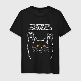 Мужская футболка хлопок с принтом Eagles rock cat в Новосибирске, 100% хлопок | прямой крой, круглый вырез горловины, длина до линии бедер, слегка спущенное плечо. | Тематика изображения на принте: 