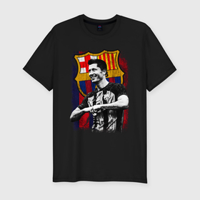 Мужская футболка хлопок Slim с принтом Левандовски Барселона , 92% хлопок, 8% лайкра | приталенный силуэт, круглый вырез ворота, длина до линии бедра, короткий рукав | 