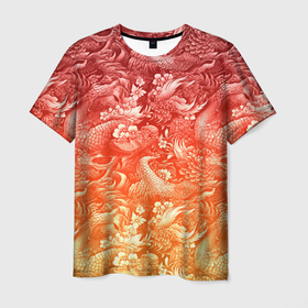 Мужская футболка 3D с принтом Огненная татуировка с элементами дракона , 100% полиэфир | прямой крой, круглый вырез горловины, длина до линии бедер | 