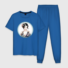 Мужская пижама хлопок с принтом Гейша в круге в Екатеринбурге, 100% хлопок | брюки и футболка прямого кроя, без карманов, на брюках мягкая резинка на поясе и по низу штанин
 | 