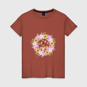 Женская футболка хлопок с принтом Кролик в цветочном венке в Екатеринбурге, 100% хлопок | прямой крой, круглый вырез горловины, длина до линии бедер, слегка спущенное плечо | 
