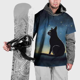 Накидка на куртку 3D с принтом Черный кот и звезды   акварель в Петрозаводске, 100% полиэстер |  | Тематика изображения на принте: 