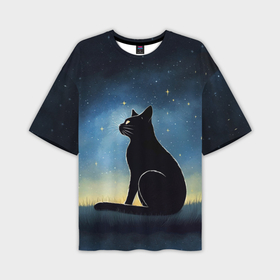 Мужская футболка oversize 3D с принтом Черный кот и звезды   акварель в Петрозаводске,  |  | Тематика изображения на принте: 