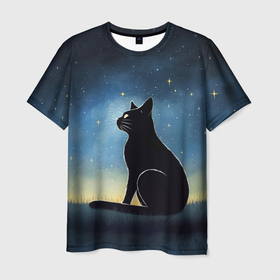 Мужская футболка 3D с принтом Черный кот и звезды   акварель в Петрозаводске, 100% полиэфир | прямой крой, круглый вырез горловины, длина до линии бедер | Тематика изображения на принте: 