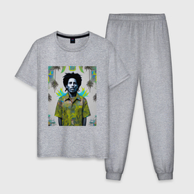 Мужская пижама хлопок с принтом Арт граффити Боб Марли в ямайской рубашке , 100% хлопок | брюки и футболка прямого кроя, без карманов, на брюках мягкая резинка на поясе и по низу штанин
 | 