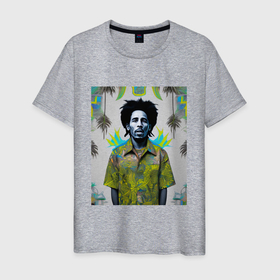 Мужская футболка хлопок с принтом Арт граффити Боб Марли в ямайской рубашке в Новосибирске, 100% хлопок | прямой крой, круглый вырез горловины, длина до линии бедер, слегка спущенное плечо. | 