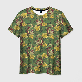 Мужская футболка 3D с принтом Драконы и цветы на зелёном в Белгороде, 100% полиэфир | прямой крой, круглый вырез горловины, длина до линии бедер | Тематика изображения на принте: 