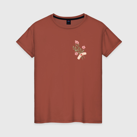 Женская футболка хлопок с принтом цветочки под пластырем в Петрозаводске, 100% хлопок | прямой крой, круглый вырез горловины, длина до линии бедер, слегка спущенное плечо | 
