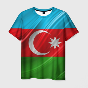 Мужская футболка 3D с принтом Азербайджанский флаг , 100% полиэфир | прямой крой, круглый вырез горловины, длина до линии бедер | 