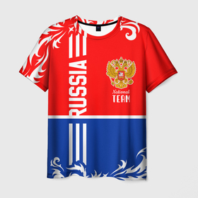 Мужская футболка 3D с принтом Национальная команда России с орнаментом в Кировске, 100% полиэфир | прямой крой, круглый вырез горловины, длина до линии бедер | 