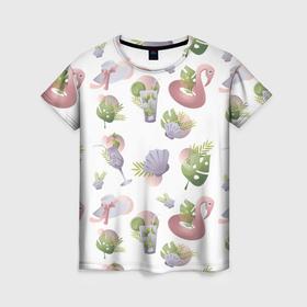 Женская футболка 3D с принтом пляжный паттерн с коктейлями и фламинго в Екатеринбурге, 100% полиэфир ( синтетическое хлопкоподобное полотно) | прямой крой, круглый вырез горловины, длина до линии бедер | 